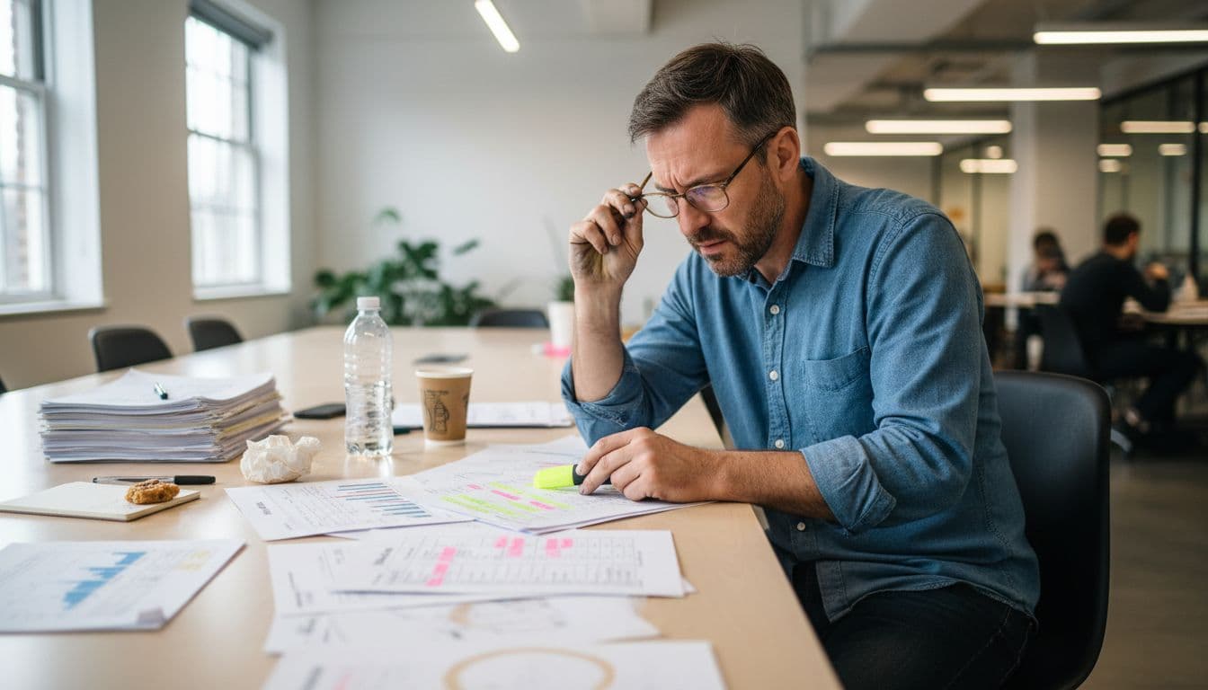 Editor reviewing printed SEO content reports