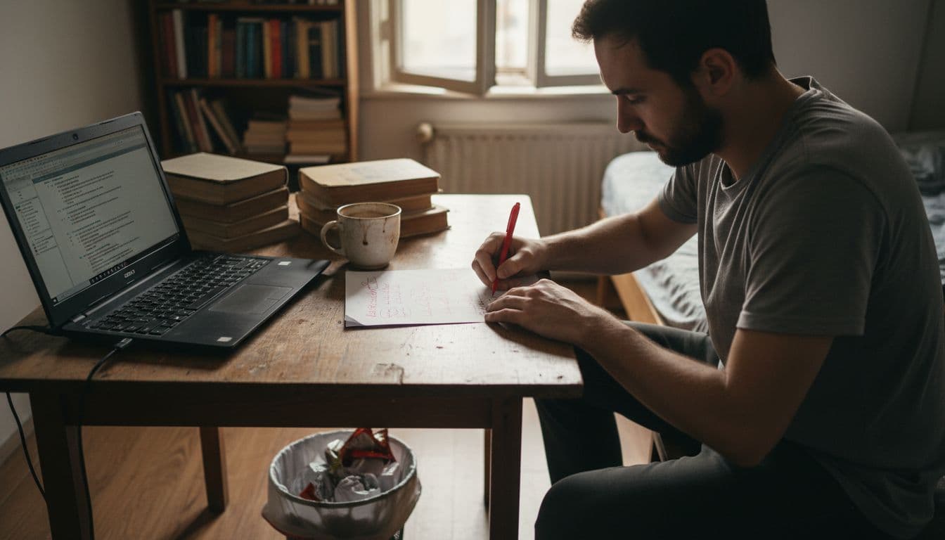 Man editing and revising manuscript printout