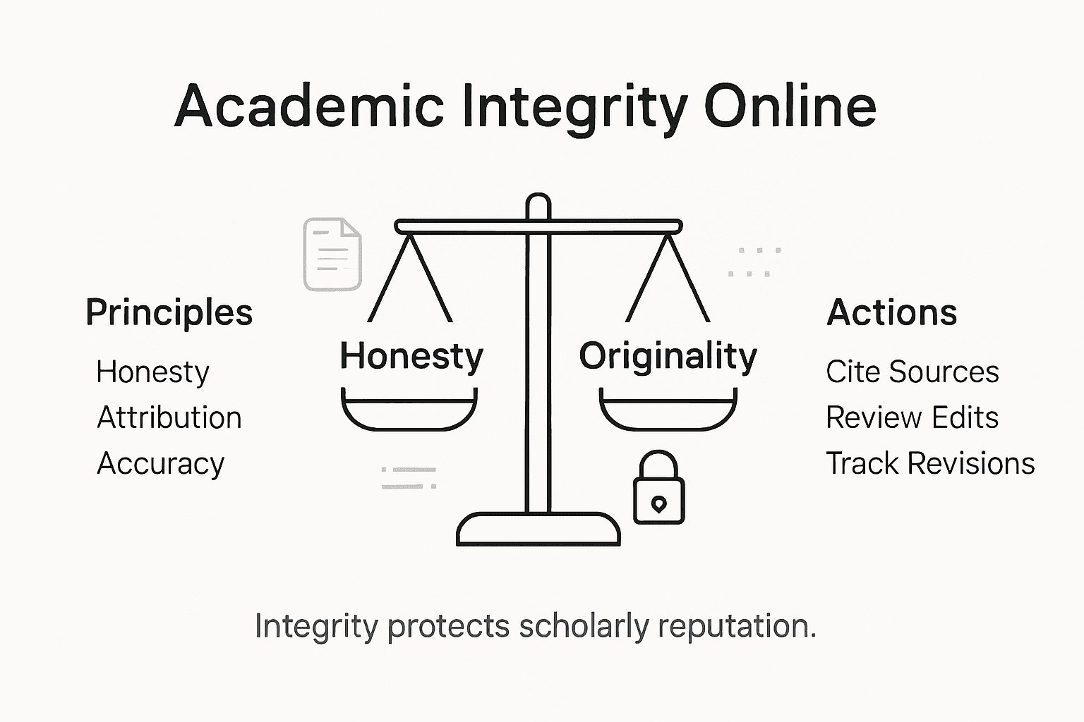 Infographic illustrating principles and actions of academic integrity