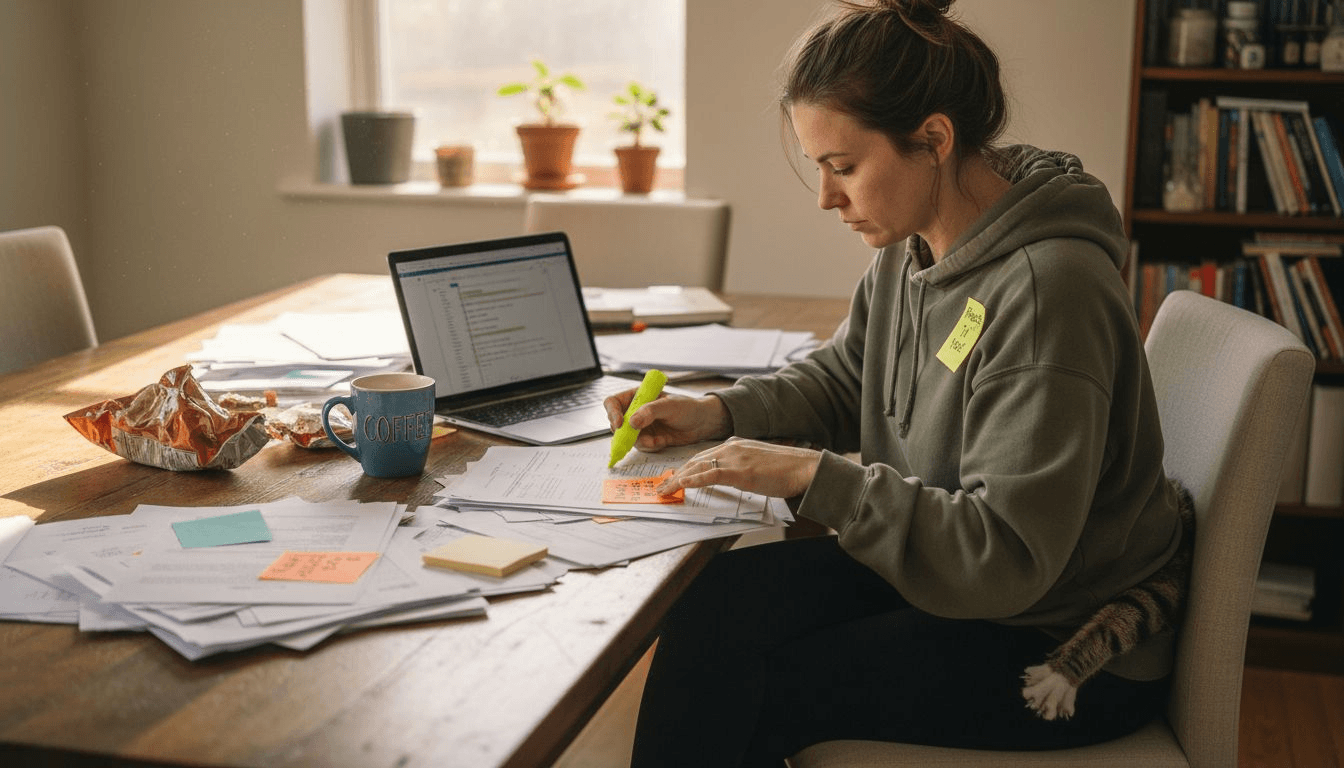 Writer replaces phrases at kitchen table