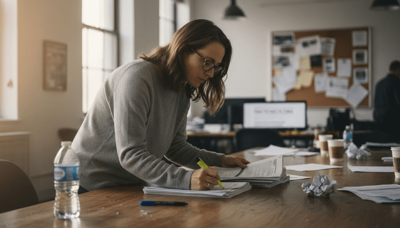 Editor reviewing sources at cluttered table