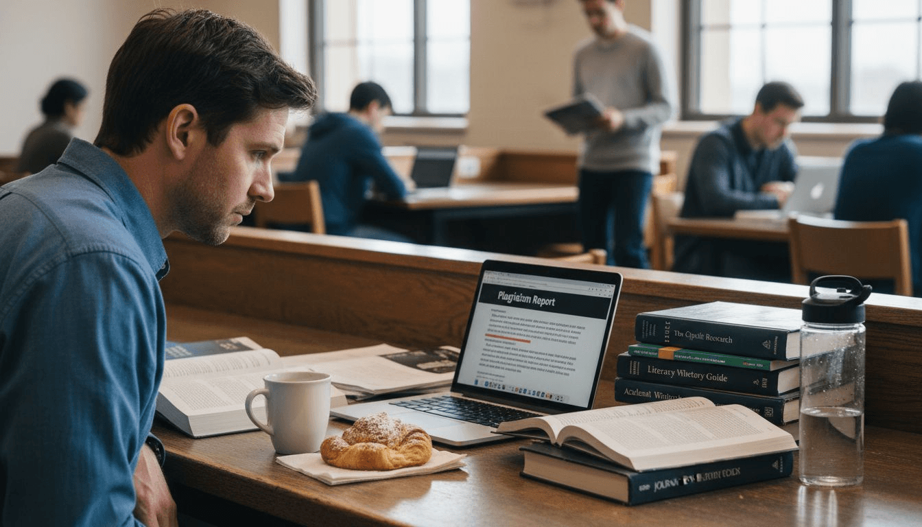 Researcher reviewing AI plagiarism detection report