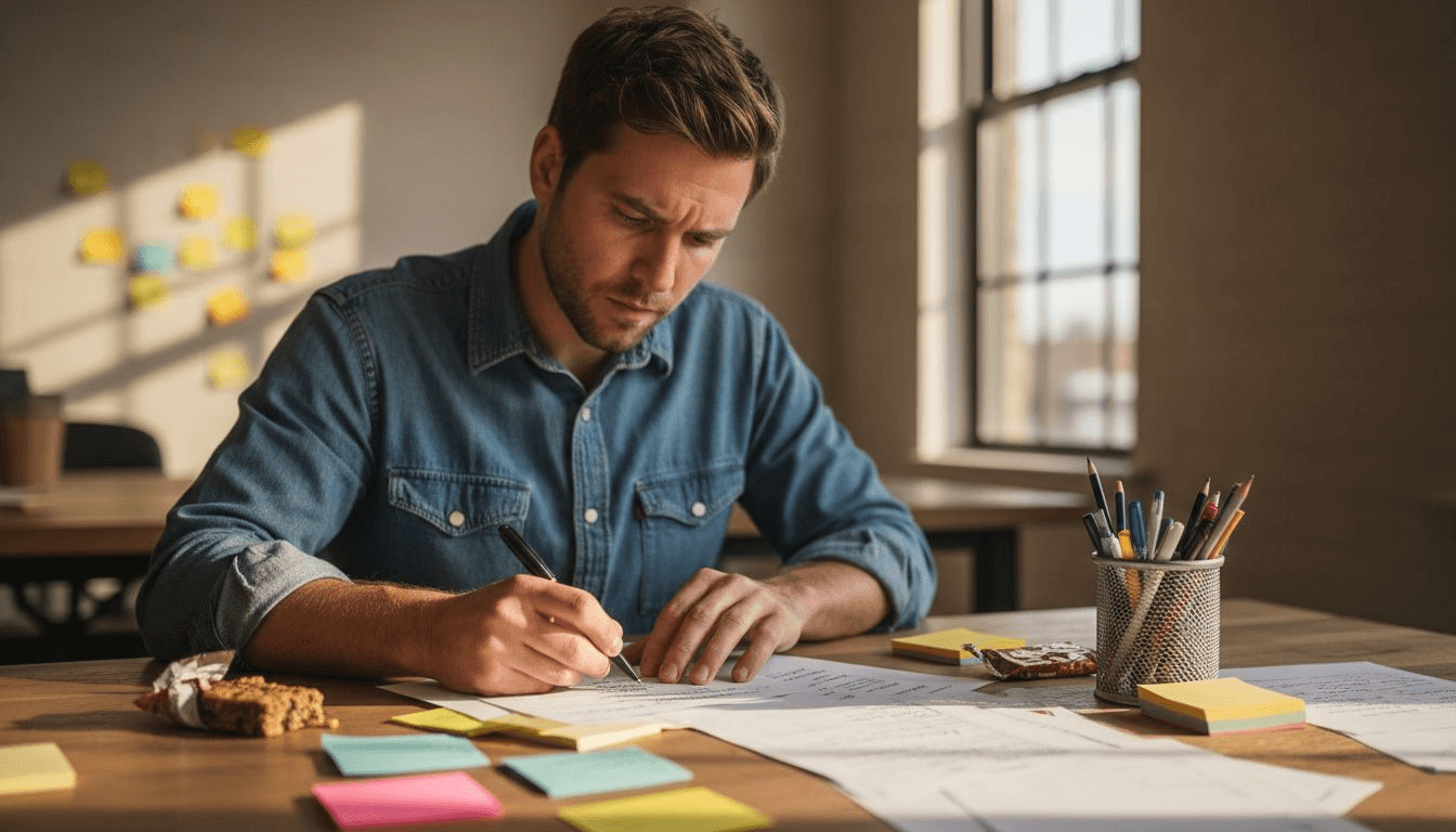 Man editing printed email drafts at desk