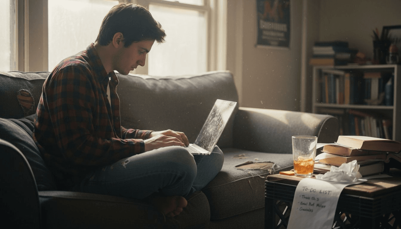 Content writer in casual living room workspace