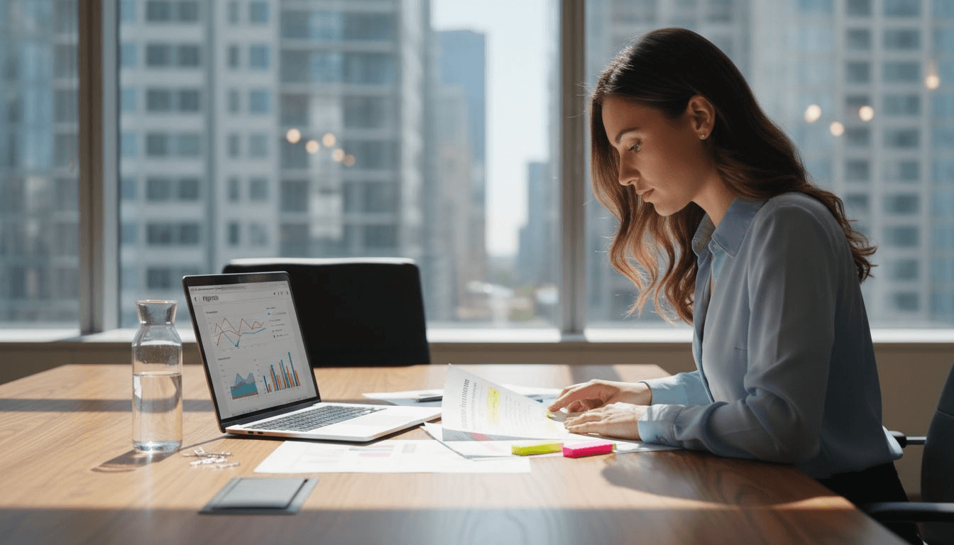 Marketer reviews SEO report at table