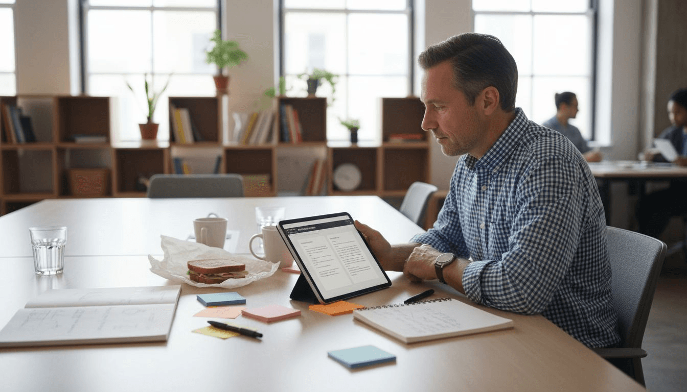 Man comparing writing drafts at work table