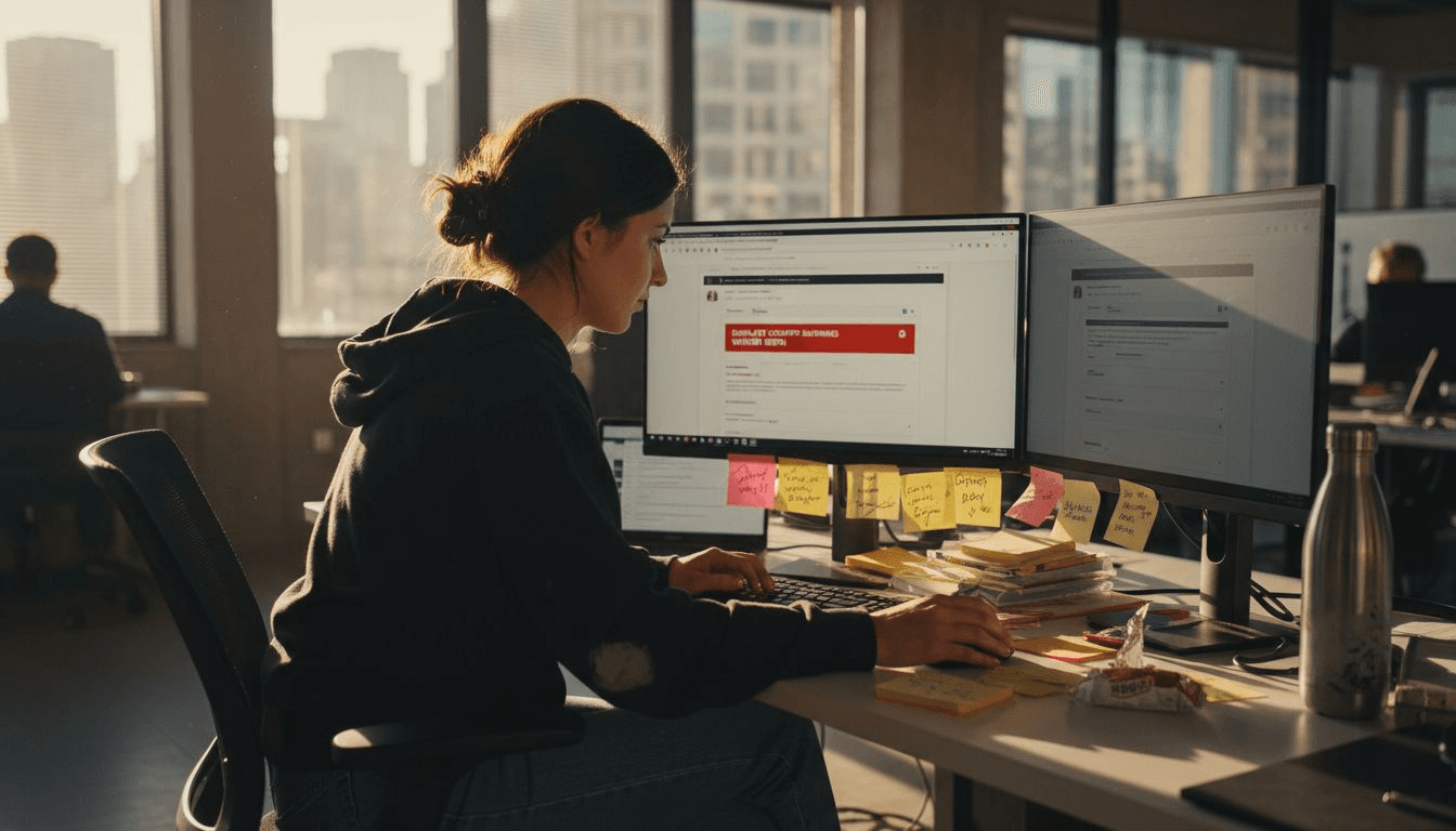 Web developer checking duplicate content on monitors