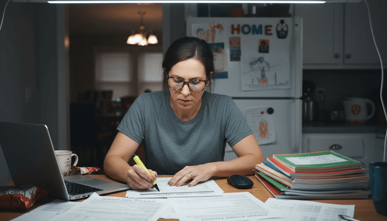 Content auditor in kitchen workspace with laptop