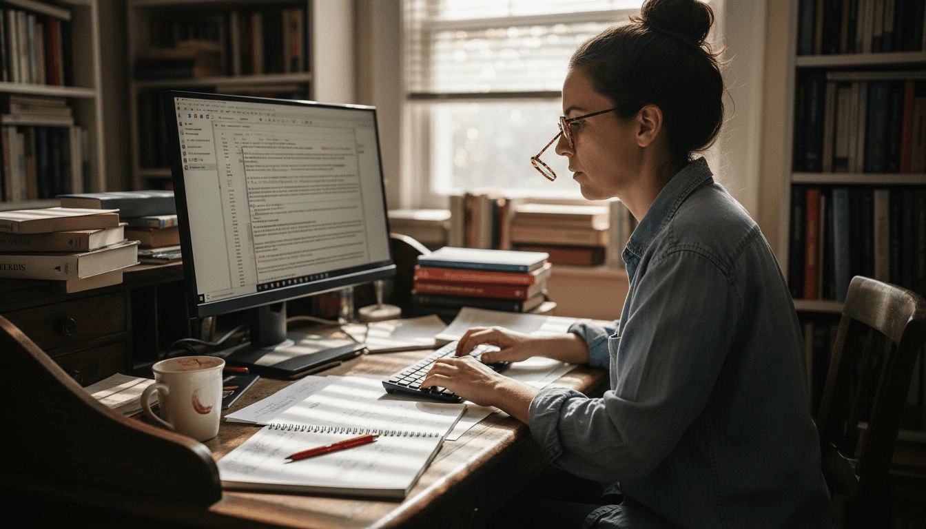 Editor updating AI-generated content at desk
