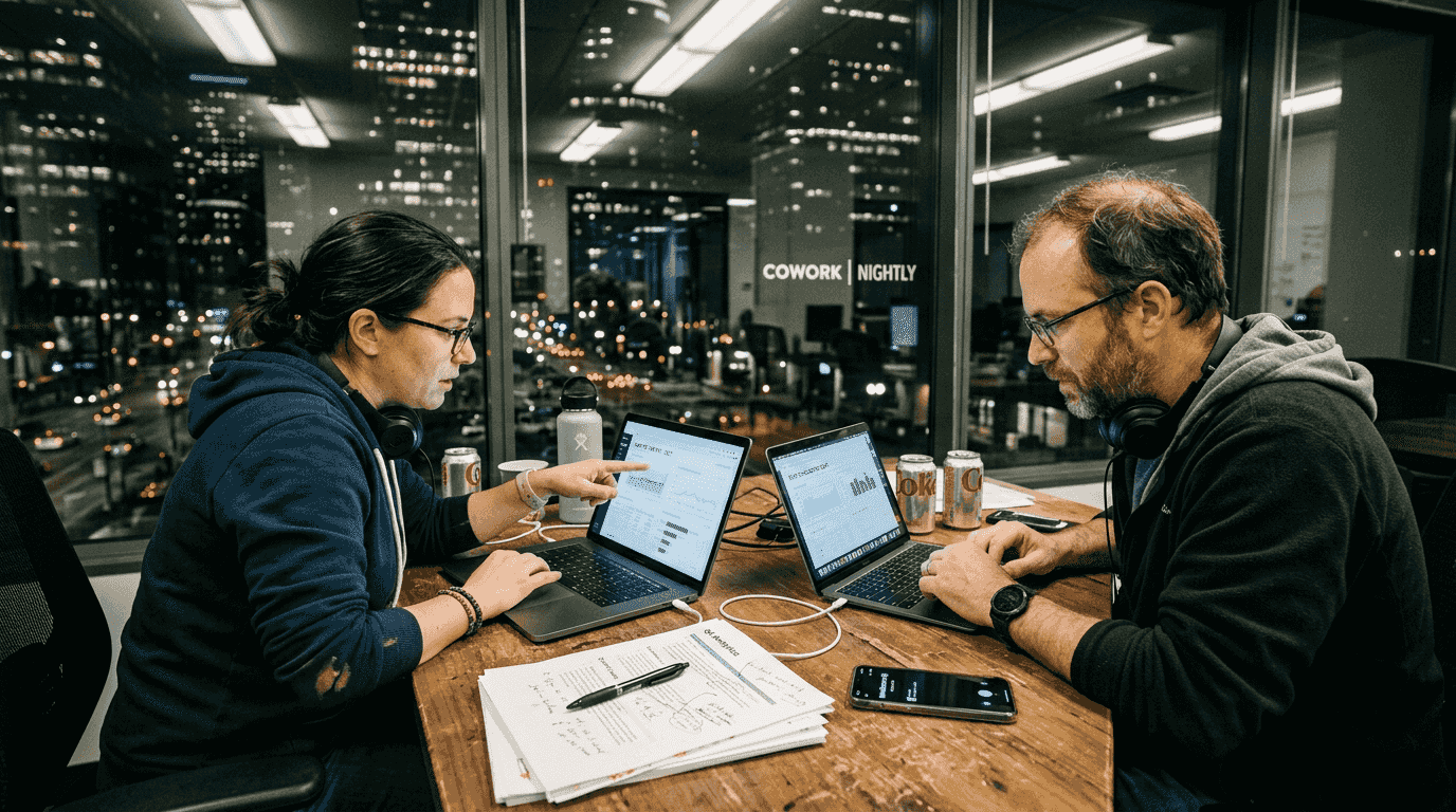 Website team reviewing site issues at night