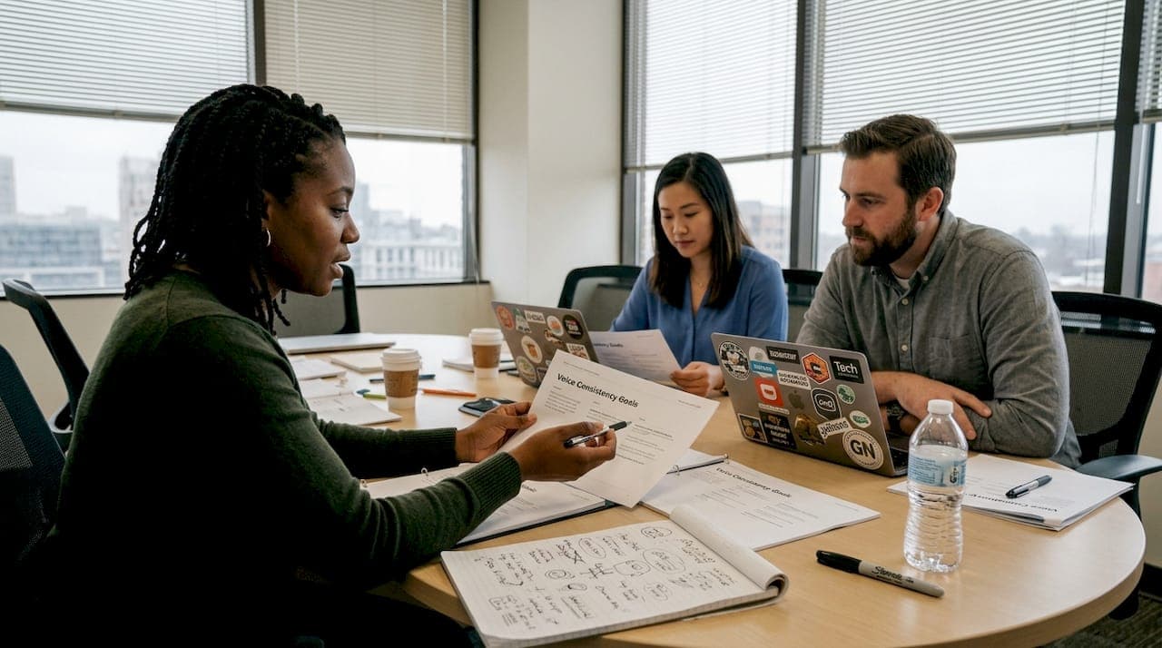Team reviewing brand voice style guide together