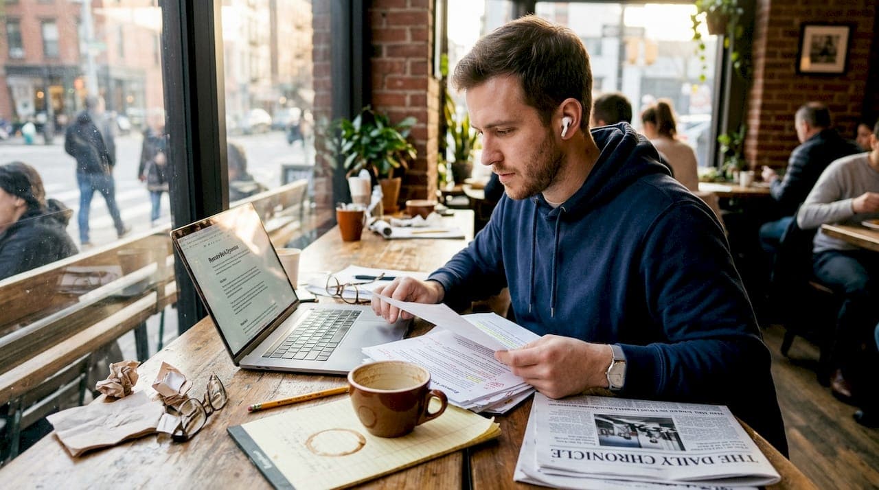 Blogger fact-checking post in a busy café