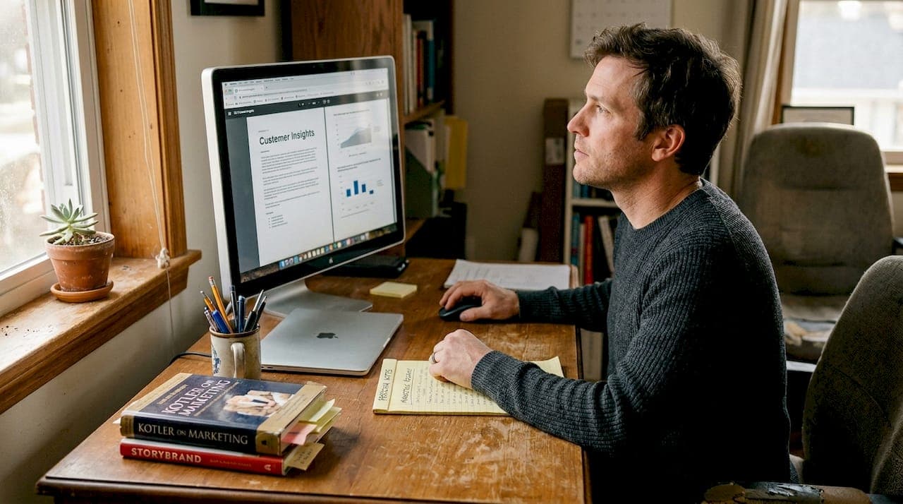 Marketer referencing persona notes at desk