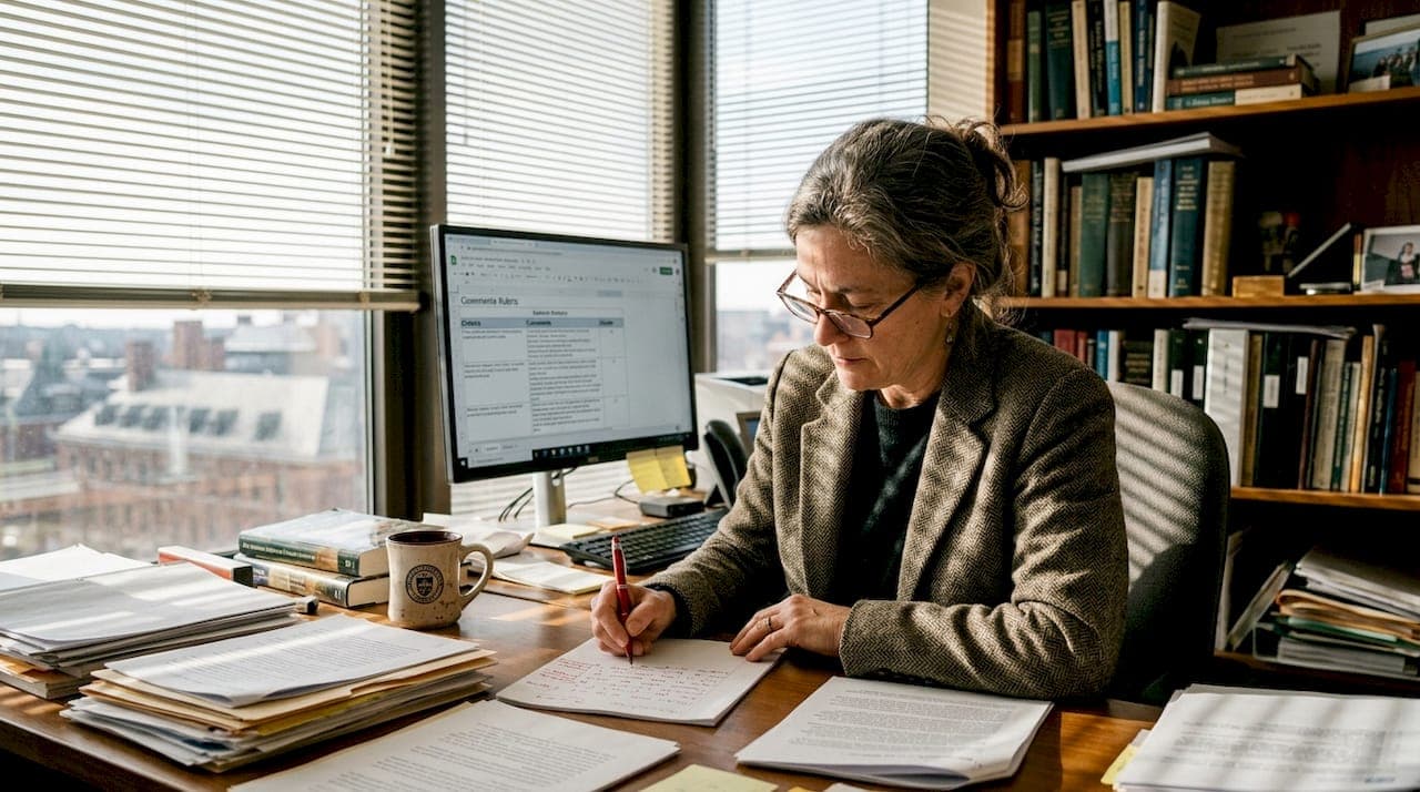 Professor grading essays at office desk