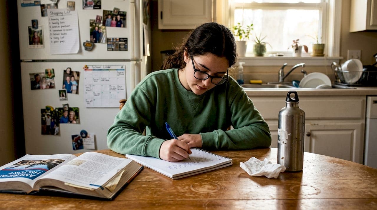Student drafting essay at kitchen table