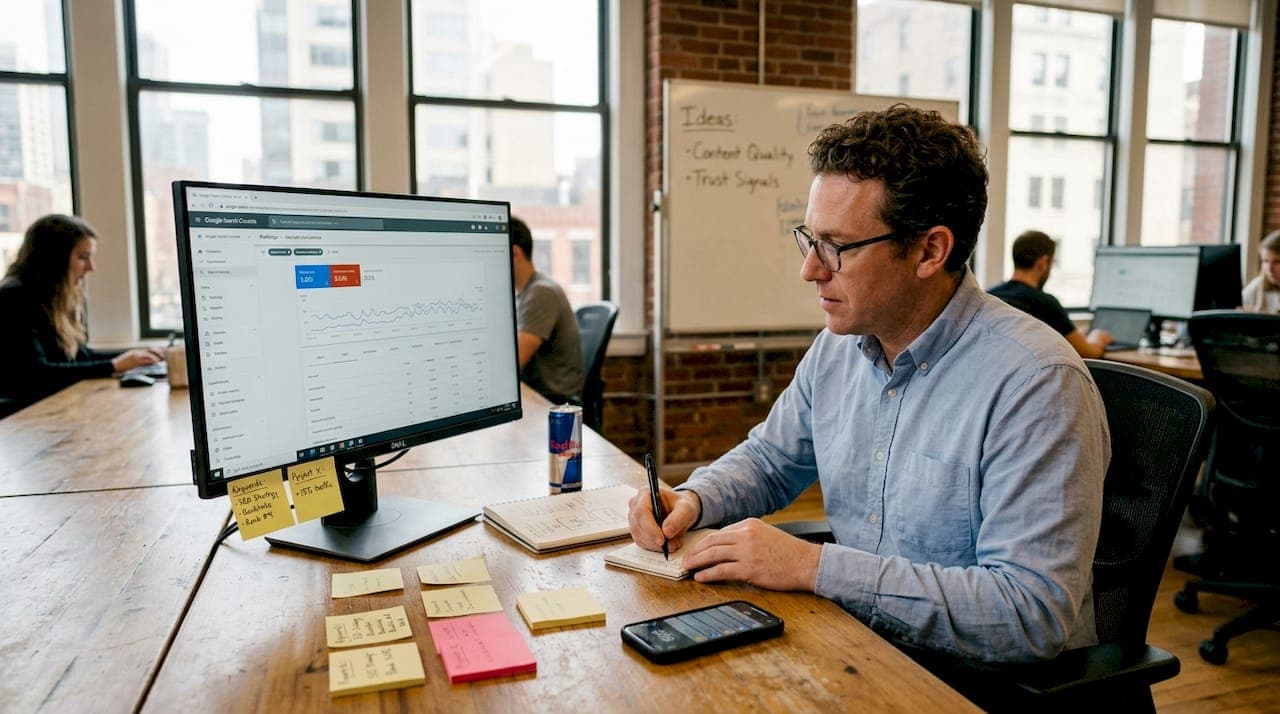 SEO analyst reviews search results workspace