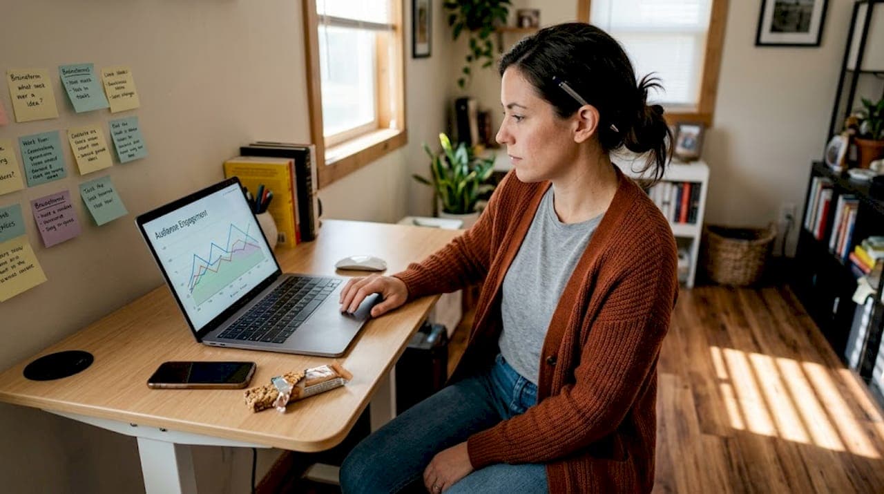 Professional woman studies engagement chart on laptop