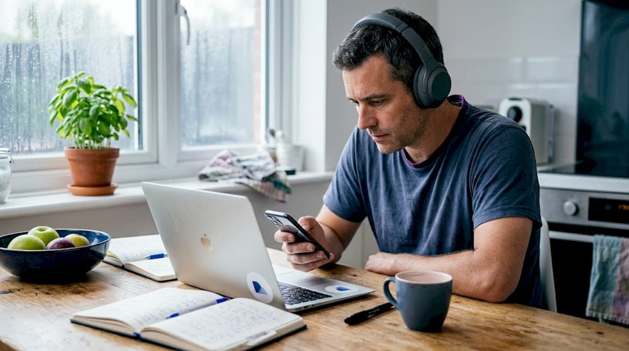 Man listening to podcast at kitchen table