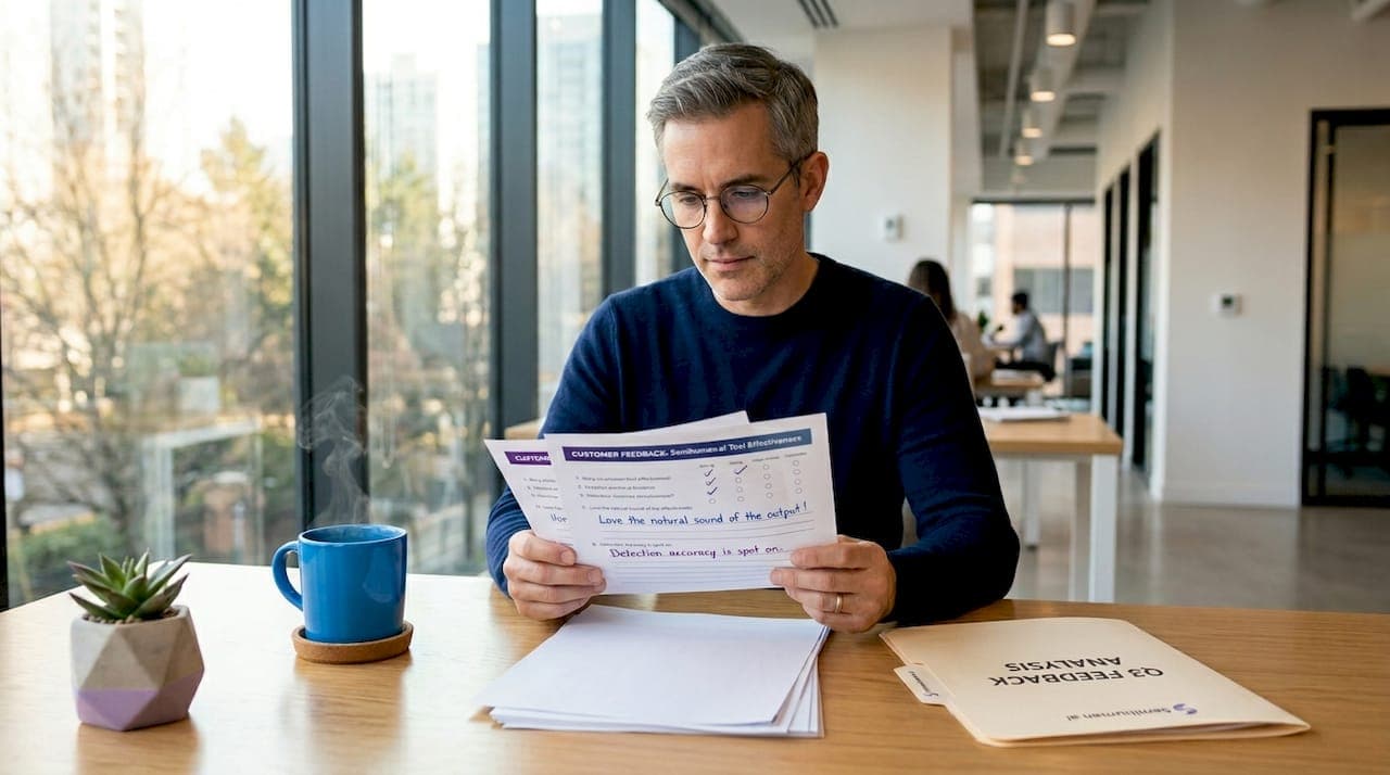 Man reviewing handwritten audience feedback forms