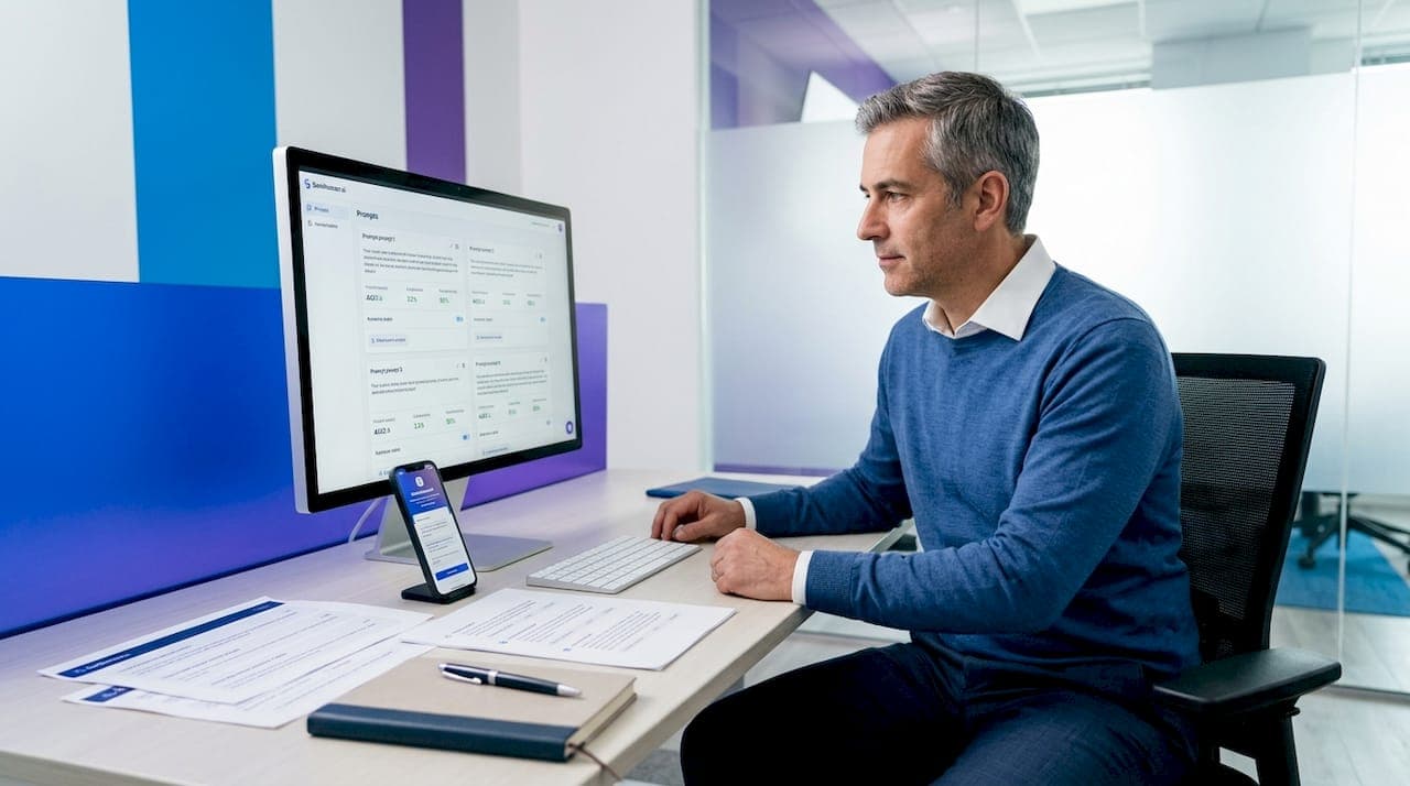 Strategist reviewing AI model prompts at desk